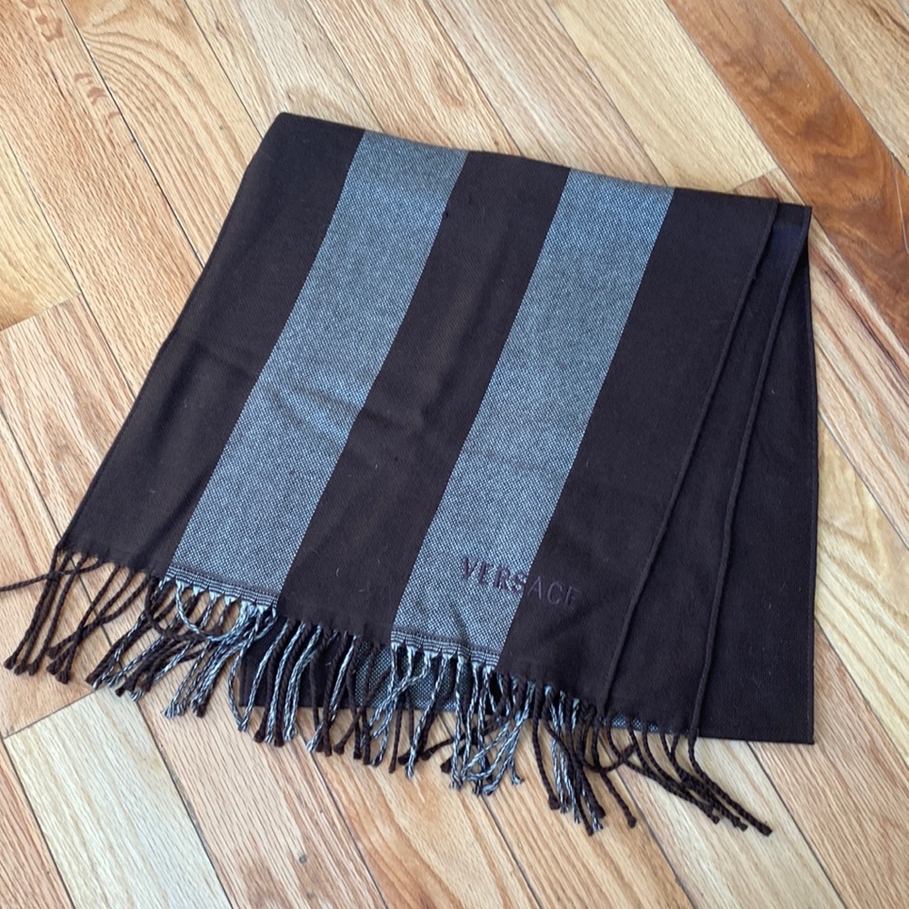 Versace Brown/Cream Wool Scarf with Fringe
